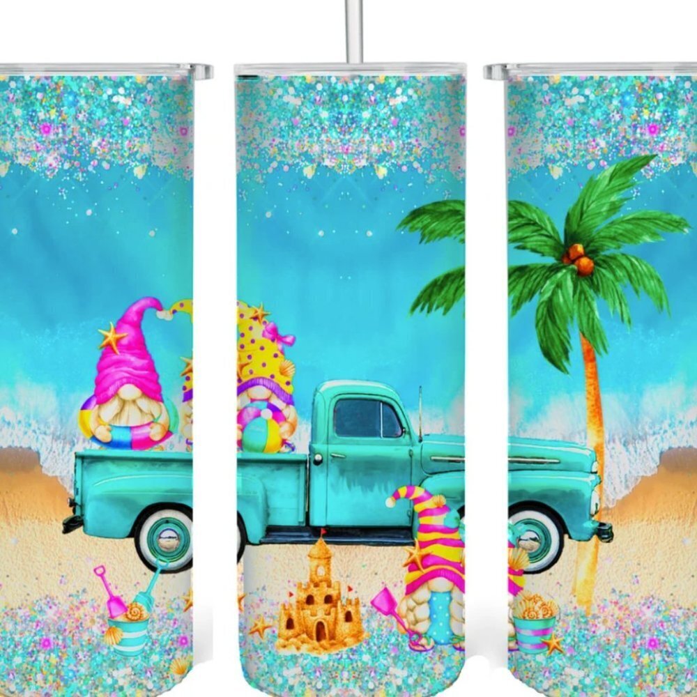 "Experience Summer Magic w/ Our Gnome-Filled Beach Adventure 20 oz Tumbler! 🌊✨"
